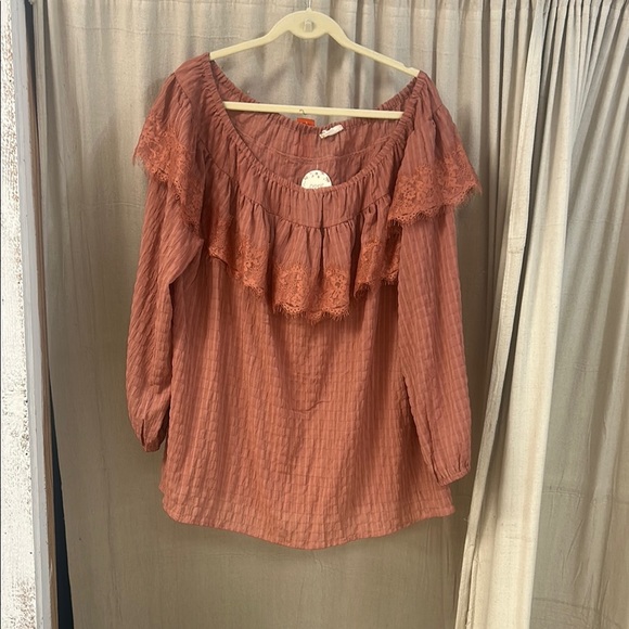 Terracotta Long Sleeve Lace Trim Blouse - Oddy - Picture 1 of 6
